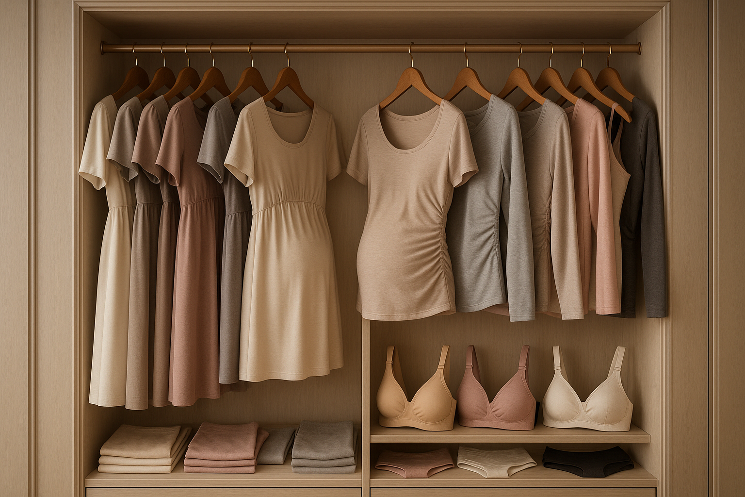 Szafa z bielizną ciążową i ubraniami w neutralnych odcieniach.