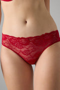 Czerwone koronkowe majtki damskie z ozdobnym haftem, eleganckie figi z koronki