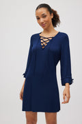 Granatowa sukienka z dekoltem i wiązaniem na rękawach